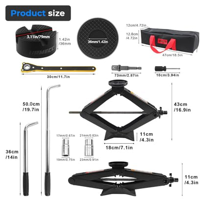 3-Ton/6613lbs Universal Scissor Jack kit with Rubber Cross Slot Jack pad, Car Spare Tire Repair Tools, Tire Changing Tools Kit with L-Wrenches（17/19/21/23mm）