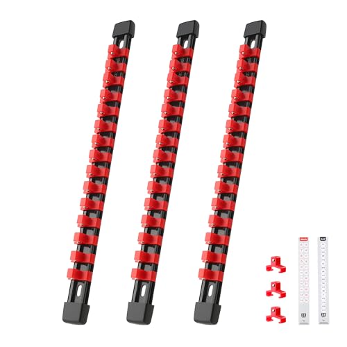 Reniteco 3-Piece Socket Organizer - 3/8-Inch Drive x 45 Clips, Heavy Duty ABS Socket Holder with Removable End Caps, Premium Socket Rail for Tool Box Drawer - color: Red, size: 3/8" DR