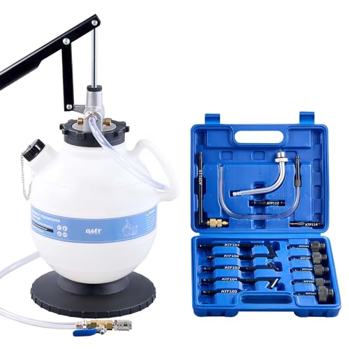 OMT 2 Gallon Transmission Fluid Transfer Pump Set with 15 ATF Adapters | 7.5L Manual ATF Refill Tool for Auto Shops; Extra Long Lever; Precise Flow Control; Durable Reservoir; Gearbox Maintenance