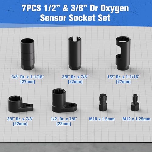 7-Piece O2 Oxygen Sensor Socket and Thread Chaser Set, 3/8" & 1/2" Drive for 1-1/16", 7/8", 27mm, 22mm – for O2, Oil Pressure, Vacuum & Thermal Sensor Removal, CR-MO Steel - size: 7-Piece