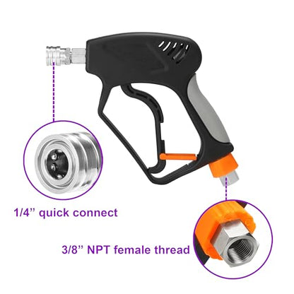 PWACCS Short Pressure Washer Gun with Swivel, 5000 PSI, Black | Power Washer Gun, 3/8" Quick Connector, M22 14mm/15mm Fitting, 5 Nozzle Tips with Holder - size: 3/8 Inch