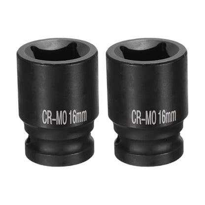 HARFINGTON 2pcs 4 Point Square Socket 1/2" Drive 16mm Metric Square Impact Socket CR-MO Blackening Standard Wheel Sockets Pneumatic Socket Tool for Auto Repair Mechanical Maintenance Home Use - size: 16mm