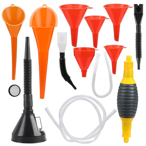 GOOACC 12 Pcs Automotive Funnels Set - Durable Oil Funnel Kit with Filter & Flexible Extensions, Wide Mouth Fuel Funnels with Long Neck for Gas Transfer - Multi-Purpose for Cars Trucks - size: 12PCS