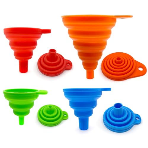 Collapsible Silicone Kitchen Funnels, 4 Pack Food Grade Foldable Funnel Set, 2 Small & 2 Large Funnels for Bottles, Oil, Spice Jars, Liquid Transfer, Dishwasher Safe