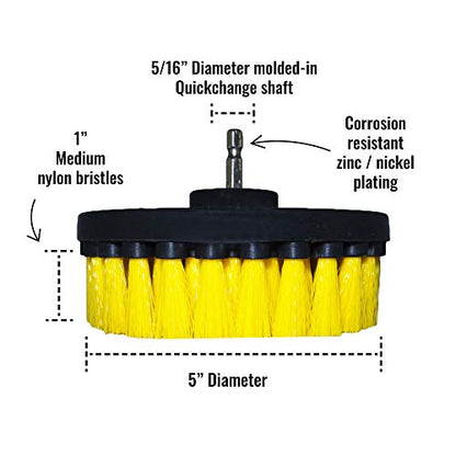 Premium Drill Brush Professional – Medium-Soft 5-Piece Kit (5/4 / 3.5/2 in Brushes + 6 in Extension) | Scratch-Free Cleaning Brush for Tile, Grout, Bath, Shower, Fibreglass, Ceramic - color: Yellow