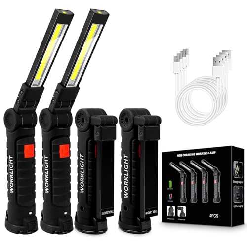 4Pack LED Work Lights, USB Rechargeable COB Light with Magnetic Base 360°Rotate and 5 Modes, Folding Flashlight Inspection Light for Car Repairing, Workshop, Household and Emergency Use, Large - color: 4Pack Black