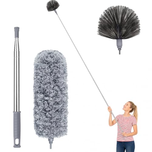 Cobweb Duster with Extension Pole 100 inches, Dusters for Cleaning with 2 Duster Heads, Washable Microfiber Feather Duster for Cleaning Ceiling Fan, High Ceiling, Blinds, Furniture & Cars - color: 2pc-gray