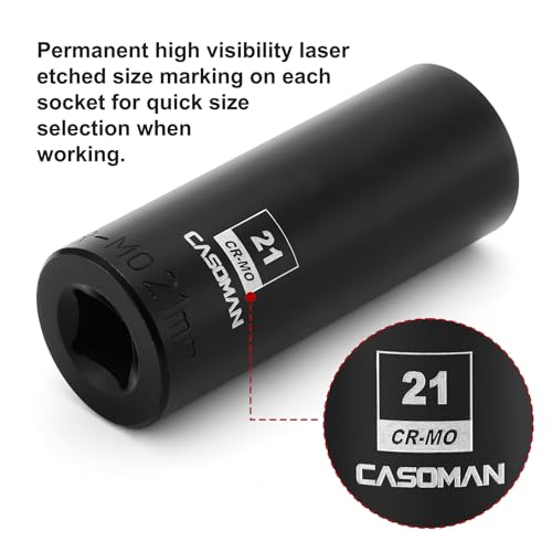 CASOMAN 1/2-Inch Drive x 21mm Deep Impact Socket, 6-Point, Metric, CR-MO - size: 21 mm (Deep), style: 6-Point Socket