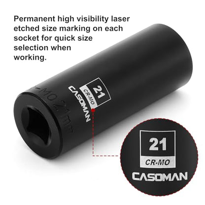 CASOMAN 1/2-Inch Drive x 21mm Deep Impact Socket, 6-Point, Metric, CR-MO - size: 21 mm (Deep), style: 6-Point Socket