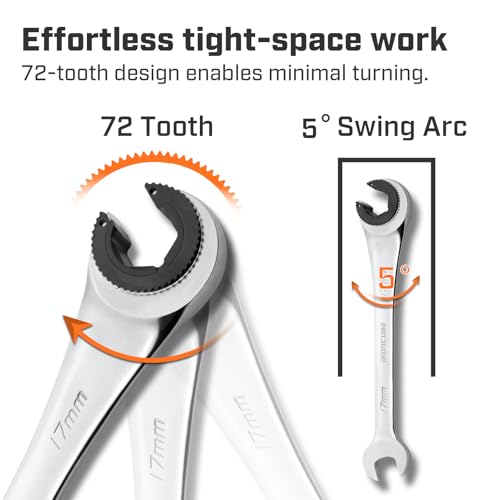 ironcube 17mm Brake Line Wrench Set: Metric Ratcheting Open-end for Nuts on Fuel, Brake or Air Conditioning Lines - size: 17mm