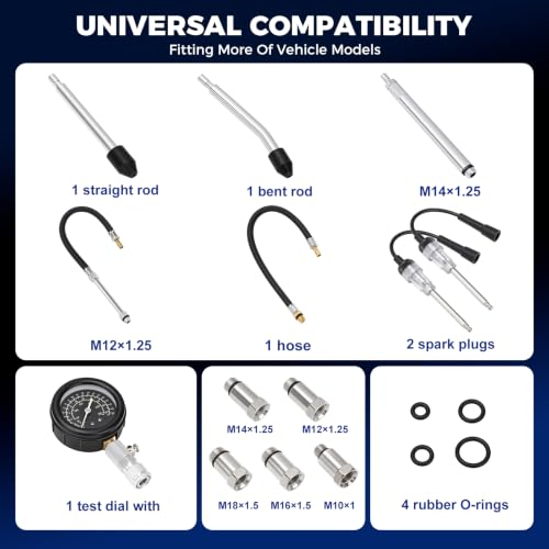 DISEN 14 PCS Compression Tester Kit, 0-300 PSI Triple-Scale Gauge with Fluorescent Dial, 5 Metal Adapters M10-M18 & 2 Spark Plug Testers, for Gasoline Engines Cars Trucks ATV Small Engines