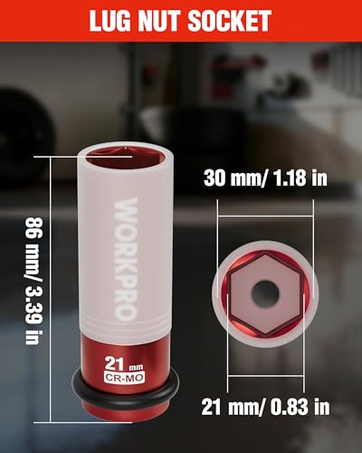 WORKPRO 1/2" Drive Lug Nut Impact Duty Socket, 21mm Deep Thin Wall Socket, Made of Premium Cr-Mo Steel, Non-Marring Lug Nut Wheel Sockets for Car - size: 1/2" DR x 21mm