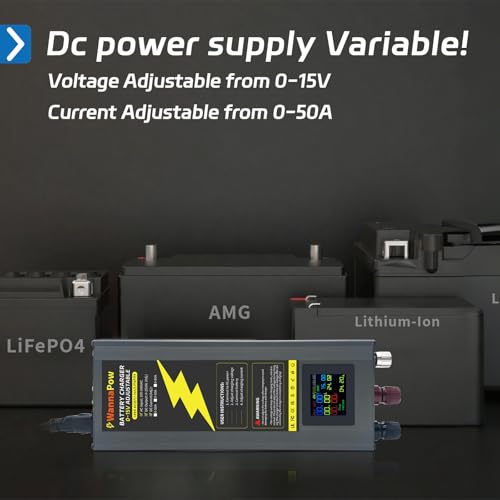 50A 12V Lithium Battery Charger, 0-15V 0-50A Adjustable LiFePO4 Battery Charger with 10 AWG Cables, Smart 12 Volt Battery Charger with LCD Display for LiFePO4, Li-ion, Lipo & Lead-Acid