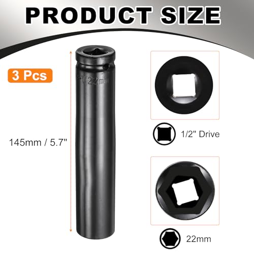 HARFINGTON 3pcs 6-Point Deep Impact Socket 1/2" Drive 22mm Metric Socket 5.7" (145mm) Extra Long Heat-Treated 45# Steel for Home Auto Spindle Axle Hex Nuts Bolts Repair, Black - size: 22mm + 5.7" Long