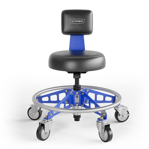 Vyper Elevated Steel Max EZ-Lift Shop Chair with Backrest, Blue Legs | Rolling Stool for Workbench Height, 17" - 22.5", 400 lb Capacity, Industrial Casters, Adjustable Ergonomic Mechanic Seat - color: Blue