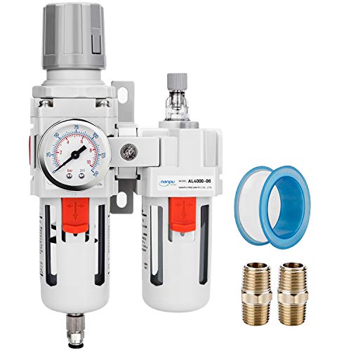NANPU 3/4" NPT Air Filter Regulator Lubricator Combo, Water Separator | 5-micron brass filter, 0-150 psi gauge, poly bowl, semi-auto drain, 105 SCFM, helps protect tools from moisture and debris - size: 3/4" NPT, style: Semi-Auto Drain