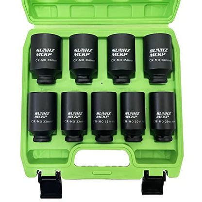 SUNKPMCKP 1/2" Drive Deep 6-Point Impact Socket Set, 9-Piece METRIC Spindle Axle Nut Impact Socket Set, Cr-Mo, 29mm - 38mm - color: 9-piece, size: 9-Pc 1/2" Metric Drive Impact Socket Set