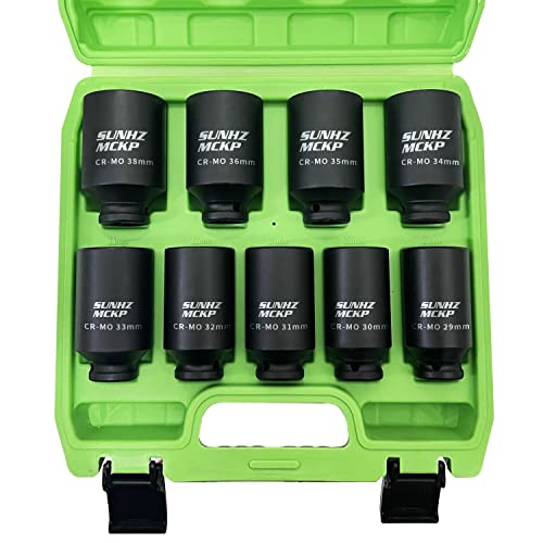 SUNKPMCKP 1/2" Drive Deep 6-Point Impact Socket Set, 9-Piece METRIC Spindle Axle Nut Impact Socket Set, Cr-Mo, 29mm - 38mm - color: 9-piece, size: 9-Pc 1/2" Metric Drive Impact Socket Set