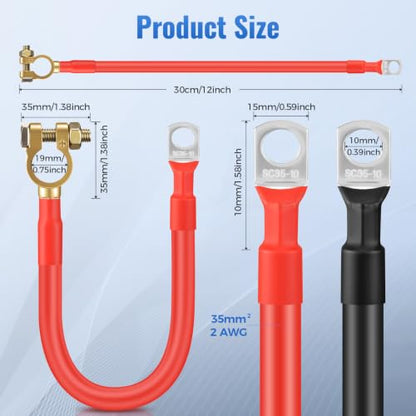 2PCS 2AWG Battery Cables 12 Inch, 30CM 2 Gauge Pure Copper Battery Inverter Wire with 3/8" Ring Terminals & Clamps, 170A Heavy Duty for Car Truck RV Marine Solar
