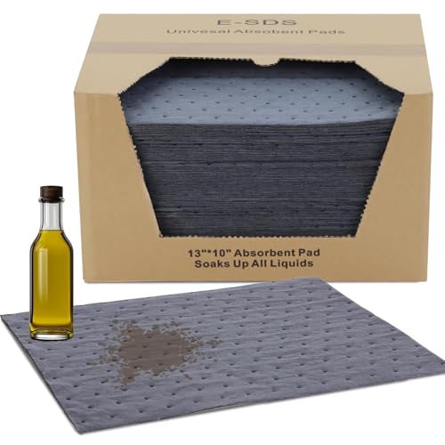 E-SDS 100 Pcs Oil Absorbent Pads 13"x10" Heavy Duty Oil Spill Mat for Garage Workshop & Kitchen, Absorbing Oil, Grease, Coolant Fast (Gray)