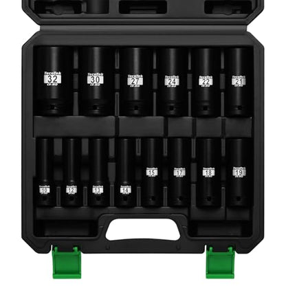 TecoTek 14PCS 1/2" Deep Drive Impact Socket Set, 6-Point, Metric (10mm-32mm), CR-MO Steel, With a Storage Case - size: 0.394-1.260 inches (14 Pieces)