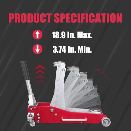 Mustmover 3 Ton (6,600 lbs) Low Profile Aluminum Hydraulic Racing Floor Jack with Dual Piston Quick Lift Pump, Lifting Range 3.74" to 18.9", for Cars, Trucks and SUVs, Red - color: red