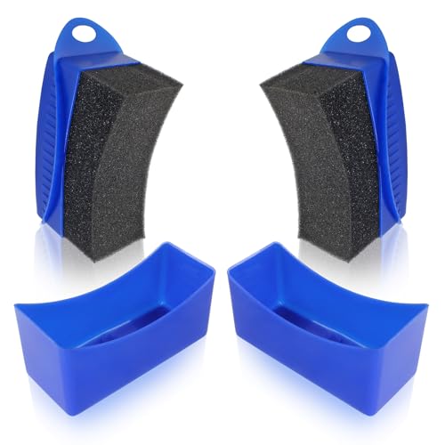 2Pcs Tire Dressing Applicators,Tire Shine Applicator Pads,Reusable Tire Dressing Sponge Pad Car Tire Applicator Pads with Lid for Car Glass, Painted Steel & Porcelain (Blue, Curved - size: Blue, Curved