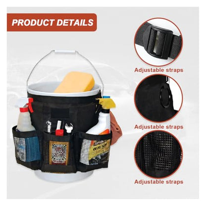 5 Gallon Bucket Tool Organizer Bag with Mesh Storage Pockets | Multi-Purpose Car Bucket Wash Tool, Universal Vehicle Cleaning Supplies Accessories for Home, Gardening, Fishing