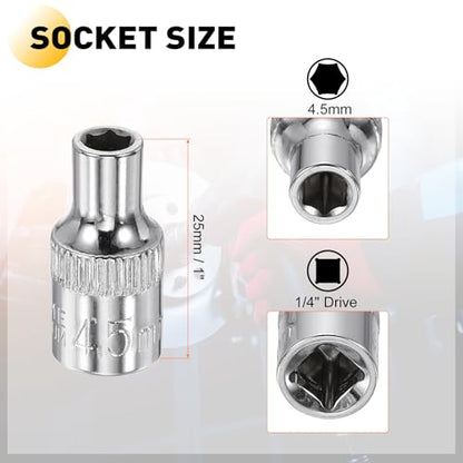 HARFINGTON Deep 6-Point Impact Socket 1/4" Drive 4.5mm Metric Socket 25mm (1") Long with 1/4" Hex Shank Adapter, CR-V Steel Socket Adapter Accessory Tool Set Kit for Hex Bolts Nuts - size: 4.5mm x 25mm