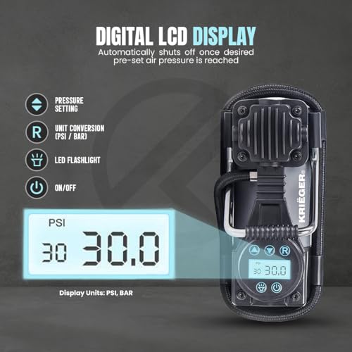 K KRIËGER Air Compressor Portable Tire Inflator 12V DC Air Pump for Car Tires with Digital Tire Pressure Gauge 120 Max PSI Preset Pressure Feature, LED, Digital Display Includes Storage Bag