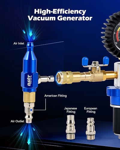 OMT Coolant Vacuum Refill Kit, 13 Pcs Radiator Cooling Tool Set with Hose | Solid Aluminum Alloy Material, Fast Evacuation & Leak Testing, 0 to -30 inHg Gauge, Universal Fit for Auto Mechanics, Blue - color: Blue