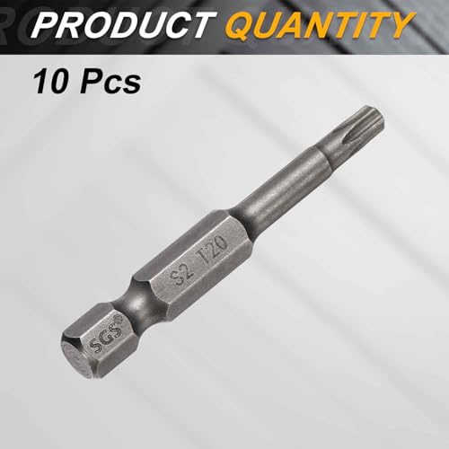 HARFINGTON 10pcs T20 Torx Head Screwdriver Bit 1/4" Hex Shank 2" (50mm) Long Magnetic No Hole Tip Tamper Proof 6 Point Star Screw Driver Drill Bits S2 Steel Industrial Power Screwdrivers - size: T20 x 2"