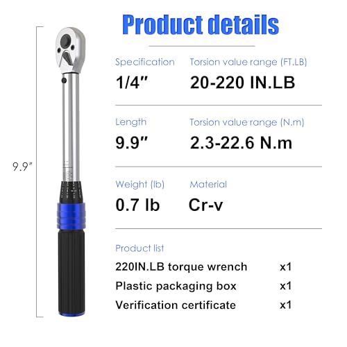 1/4-inch Drive Click Torque Wrench 20-220 in.lb / 2.3-24.9 Nm/Heavy Duty/Dual Direction/High hardness/Long lifetime/Stored In a Solid Case