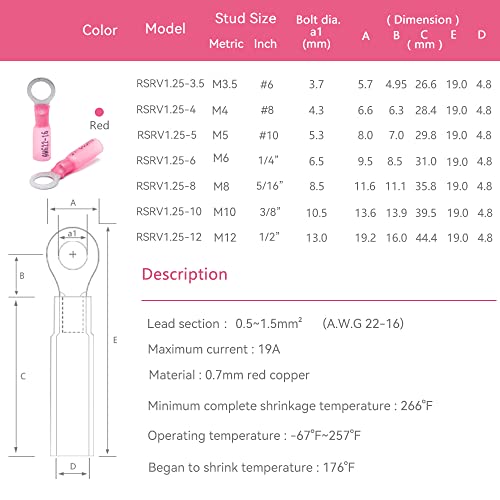 HKS 50 PCS Ring Terminals #6 Red 22-16 AWG - M3.5 - Electrical Connectors - Heat Shrink Wire Connector Kit - Tinned Red Copper - Automotive Marine Ring Connectors - Waterproof and Insulated - size: #6 (M3.5)