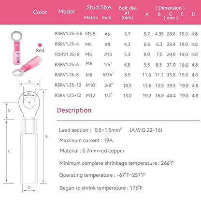 HKS 50 PCS Ring Terminals 3/8" Red 22-16 AWG - M10 - Electrical Connectors - Heat Shrink Wire Connector Kit - Tinned Red Copper - Automotive Marine Ring Connectors - Waterproof and Insulated - size: 3/8" (M10)
