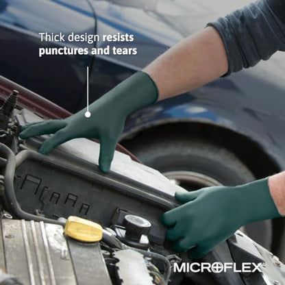 Ansell MICROFLEX Dura Flock DFK-608 Thick 11mil Nitrile Gloves for Automotive, Aftermarket, Machinery - Large, Green (Box of 50) - size: Large, style: Pack of 50