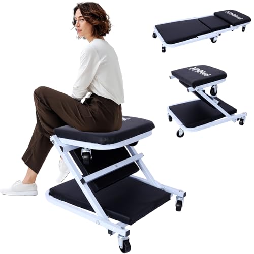 2-in-1 Mechanic Creeper, 36" Z Creeper Seat, 330 LBS Capacity, Folding Creepers Automotive with 6 Wheels, Low Profile Creepers for Garage Shop, Crawler for Mechanic (Grey+Black) - color: Grey+black