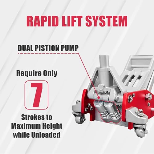 Mustmover 3 Ton (6,600 lbs) Low Profile Aluminum Hydraulic Racing Floor Jack with Dual Piston Quick Lift Pump, Lifting Range 3.74" to 18.9", for Cars, Trucks and SUVs, Red - color: red