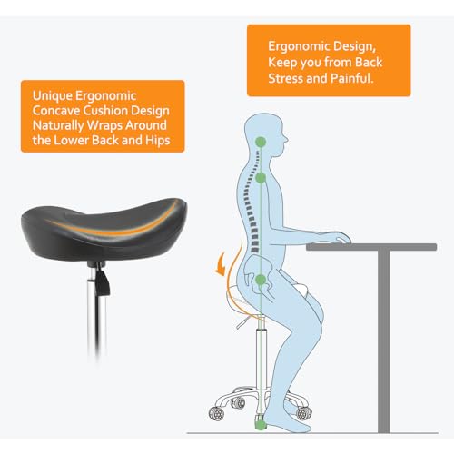 Saddle Stool Chair with Wheels,Ergonomic Swivel Rolling Height Adjustable for Salon Beauty Clinic Dentist Tattoo Home Office - color: Black, size: No Backrest