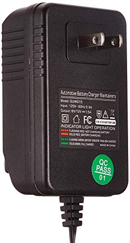 Suuwer 1.5A 8V/12V Fully-Automatic Smart Battery Charger - Trickle Charger & Maintainer for Golf Cart, Motorcycle, Car, Lawn Mower