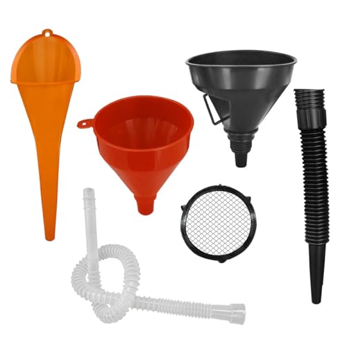 6PCS Car Funnel Set, Flexible Wide Mouth Oil Funnel, Plastic Long Neck Oil Funnels, Car Funnel Accessories for Water Engine Oil Gasoline Coolant, Right Angle Fuel Funnel with Removable Nozzle & Filter