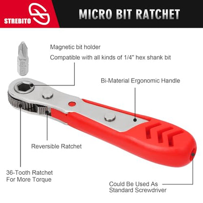 STREBITO Right Angle Screwdriver Low Profile, 26 Piece Small Ratchet Set | Stubby Ratchet 90 Degree Ratcheting Screwdriver Set, Mini 1/4 Bit Ratchet EDC Tool Angled Screwdriver for Tight Spaces, Bike - color: 26 in 1 With Zipper Pouch