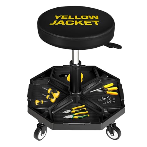 YELLOW JACKET Pneumatic Shop Creeper Seat Adjustable Mechanic Stool with Wheels 300Lbs and Removable Tool Tray Storage Workshop Chair for Auto Repair - color: Black and Yellow