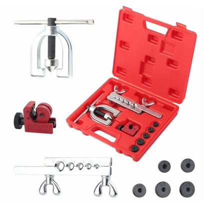 Double & Single Brake Line Flaring Tool Kit,Brake Flaring Tool Kit with 5 Adapters 3/16",1/4",5/16",3/8",1/2" Tube Cutter/Flare Rod,Brakes Flare Tools Kits for Brakes Lines