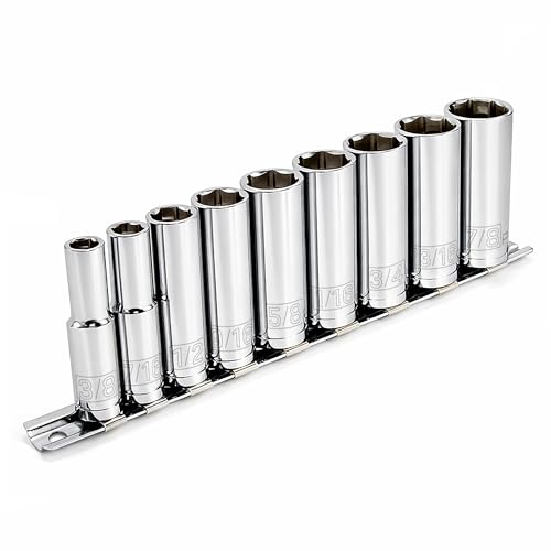 Powerbuilt 9 Piece 3/8-Inch Drive SAE Deep Socket Set, Sizes 3/8-Inch to 7/8-Inch, 6-Point Z-Drive, Chrome Vanadium Steel with Storage Rail - 641717 - size: SAE, style: 9pc(Deep)