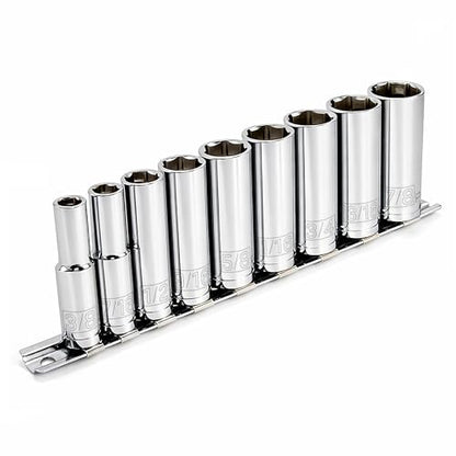 Powerbuilt 9 Piece 3/8-Inch Drive SAE Deep Socket Set, Sizes 3/8-Inch to 7/8-Inch, 6-Point Z-Drive, Chrome Vanadium Steel with Storage Rail - 641717 - size: SAE, style: 9pc(Deep)