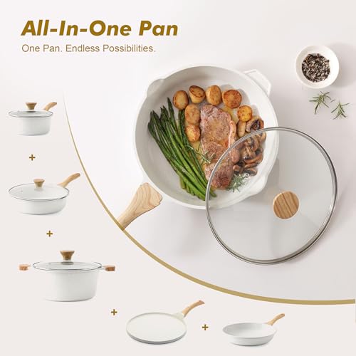 SENSARTE Nonstick Frying Pan Skillet with Lid 3.5/4.5/5QT, Ceramic Saute Pan,Deep Fring Pan Non-toxic Cooking Pot, Stay-cool Handle, Induction Compatible, PFAS Free - color: Ceramic White, size: 11-inch/4.5QT