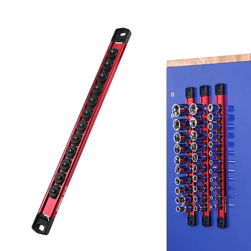 WORKPRO Magnetic Socket Organizer, 1/4" Adjustable Push-Button Socket Rail | Modular Socket Holder, Aluminum Alloy, 12 Pieces Clips, Customizable, Rotatable and Movable Clips, Quick Access, Quick Access - color: Red, size: 1/4" DR