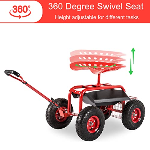 Kinfant Rolling Garden Cart Scooter Stool - Garden Cart with Wheels & Seat, Adjustable Handle 360 Degree Swivel (Red) - color: Red