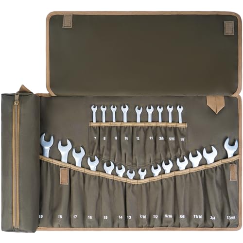 Wrench Roll Organizer,Wrench Roll Up Pouch with 23+1 Pockets,Heavy Duty Tool Roll for Metric & SAE Wrenches,Large Wrench Holder Organizer Bag for Men,Mechanics,Gifts for Men Dad(Olive Green) NO Tools - color: Olive Green